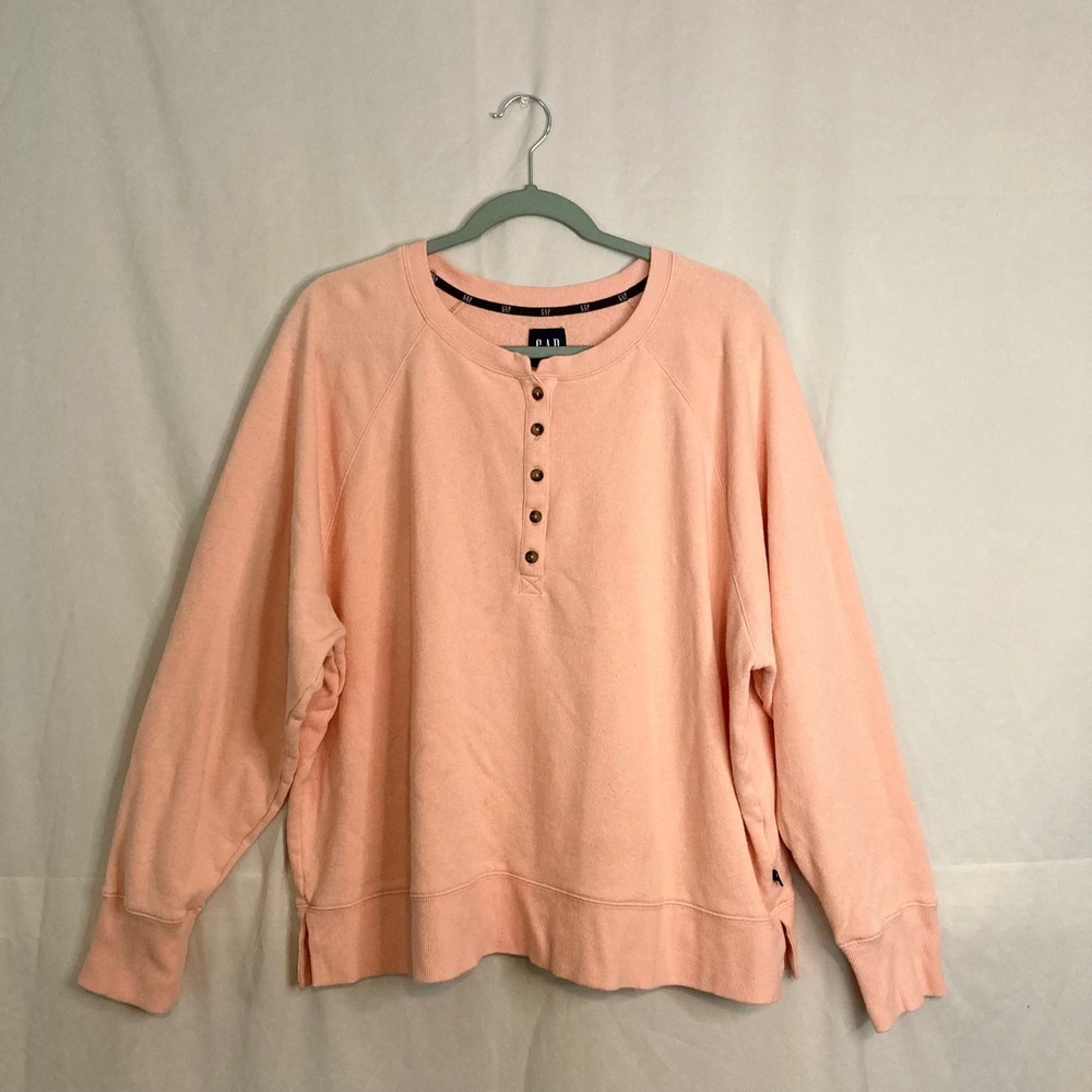 GAP Pink Peach Henley Sweatshirt Raglan Long Sleeve French Terry XXL Loungewear